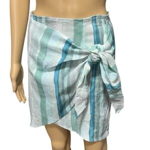 SHORE Linen Blend Faux Wrap Striped Ocean Blue Wrap-Tie Mini Skirt Size M